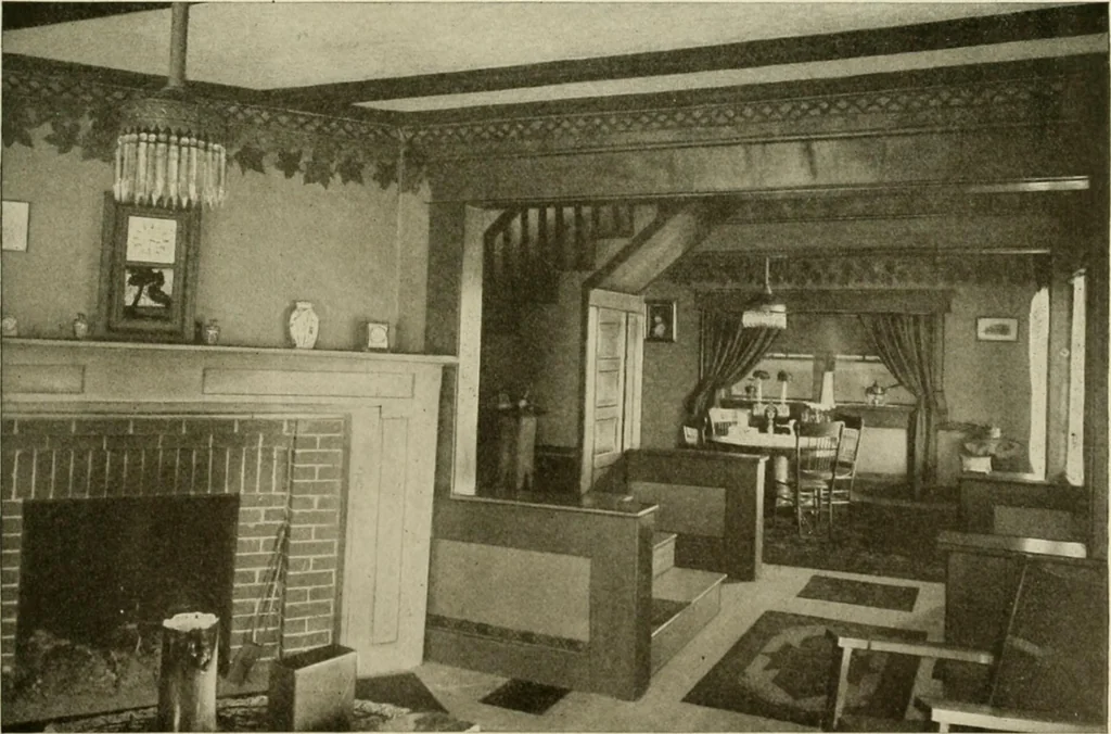 An illustration from Guaranteed building plans with interior views and details : a standard collection of new, original and artistic designs of cottages, bungalows, residences and flats of frame, brick, cement, plaster, concrete blocks, hollow tile, stucco, etc. and farm buildings of all descriptions together with interior and exterior details and interior views arranged and described by William A. Radford., 1915, leaf 176