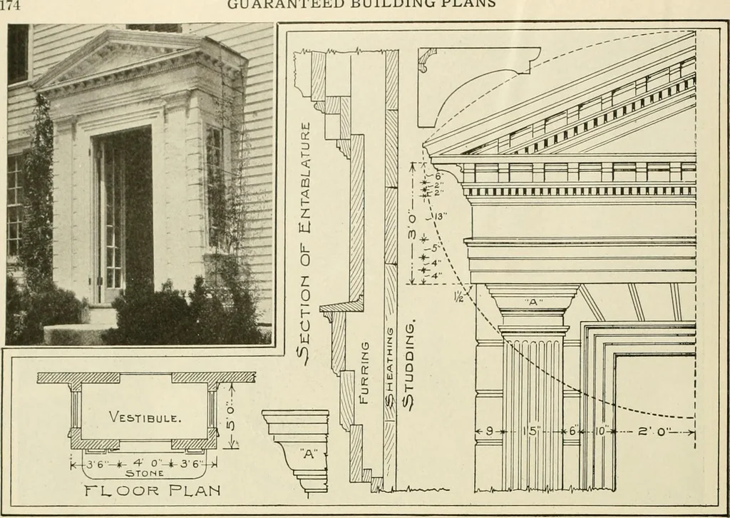 An illustration from Guaranteed building plans with interior views and details : a standard collection of new, original and artistic designs of cottages, bungalows, residences and flats of frame, brick, cement, plaster, concrete blocks, hollow tile, stucco, etc. and farm buildings of all descriptions together with interior and exterior details and interior views arranged and described by William A. Radford., 1915, leaf 177