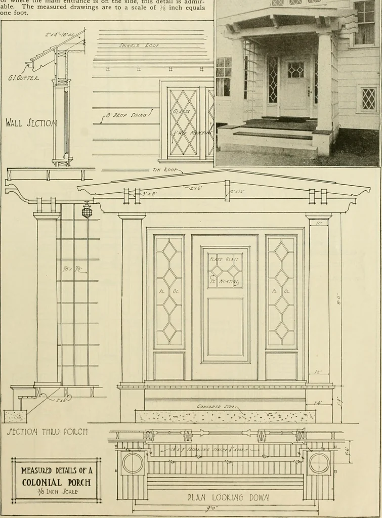 An illustration from Guaranteed building plans with interior views and details : a standard collection of new, original and artistic designs of cottages, bungalows, residences and flats of frame, brick, cement, plaster, concrete blocks, hollow tile, stucco, etc. and farm buildings of all descriptions together with interior and exterior details and interior views arranged and described by William A. Radford., 1915, leaf 180