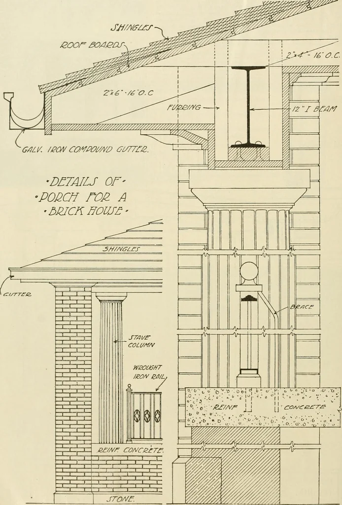 An illustration from Guaranteed building plans with interior views and details : a standard collection of new, original and artistic designs of cottages, bungalows, residences and flats of frame, brick, cement, plaster, concrete blocks, hollow tile, stucco, etc. and farm buildings of all descriptions together with interior and exterior details and interior views arranged and described by William A. Radford., 1915, leaf 181