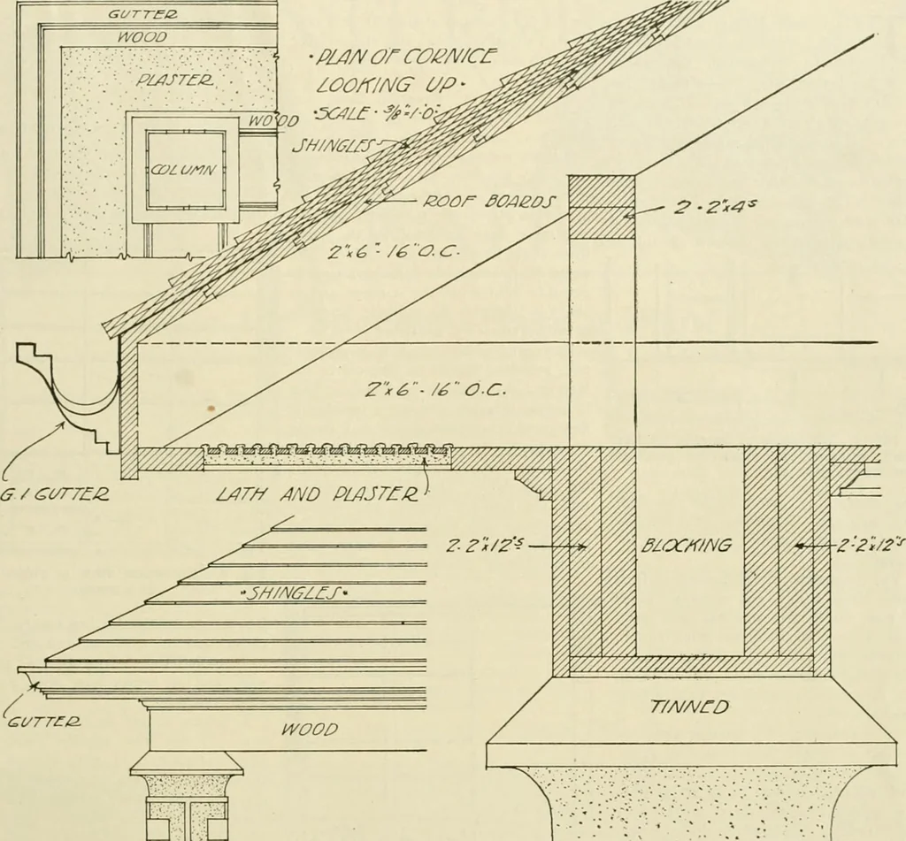 An illustration from Guaranteed building plans with interior views and details : a standard collection of new, original and artistic designs of cottages, bungalows, residences and flats of frame, brick, cement, plaster, concrete blocks, hollow tile, stucco, etc. and farm buildings of all descriptions together with interior and exterior details and interior views arranged and described by William A. Radford., 1915, leaf 182