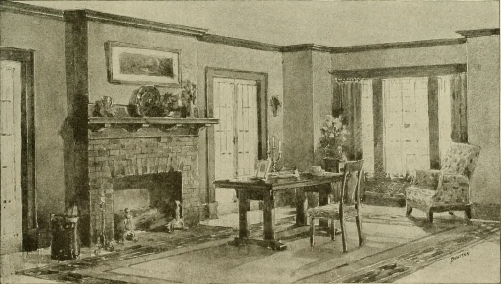 An illustration from Guaranteed building plans with interior views and details : a standard collection of new, original and artistic designs of cottages, bungalows, residences and flats of frame, brick, cement, plaster, concrete blocks, hollow tile, stucco, etc. and farm buildings of all descriptions together with interior and exterior details and interior views arranged and described by William A. Radford., 1915, leaf 184