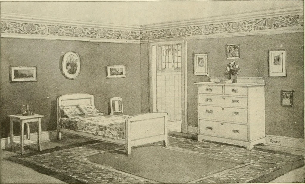 An illustration from Guaranteed building plans with interior views and details : a standard collection of new, original and artistic designs of cottages, bungalows, residences and flats of frame, brick, cement, plaster, concrete blocks, hollow tile, stucco, etc. and farm buildings of all descriptions together with interior and exterior details and interior views arranged and described by William A. Radford., 1915, leaf 185
