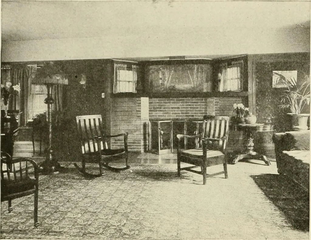 An illustration from Guaranteed building plans with interior views and details : a standard collection of new, original and artistic designs of cottages, bungalows, residences and flats of frame, brick, cement, plaster, concrete blocks, hollow tile, stucco, etc. and farm buildings of all descriptions together with interior and exterior details and interior views arranged and described by William A. Radford., 1915, leaf 191