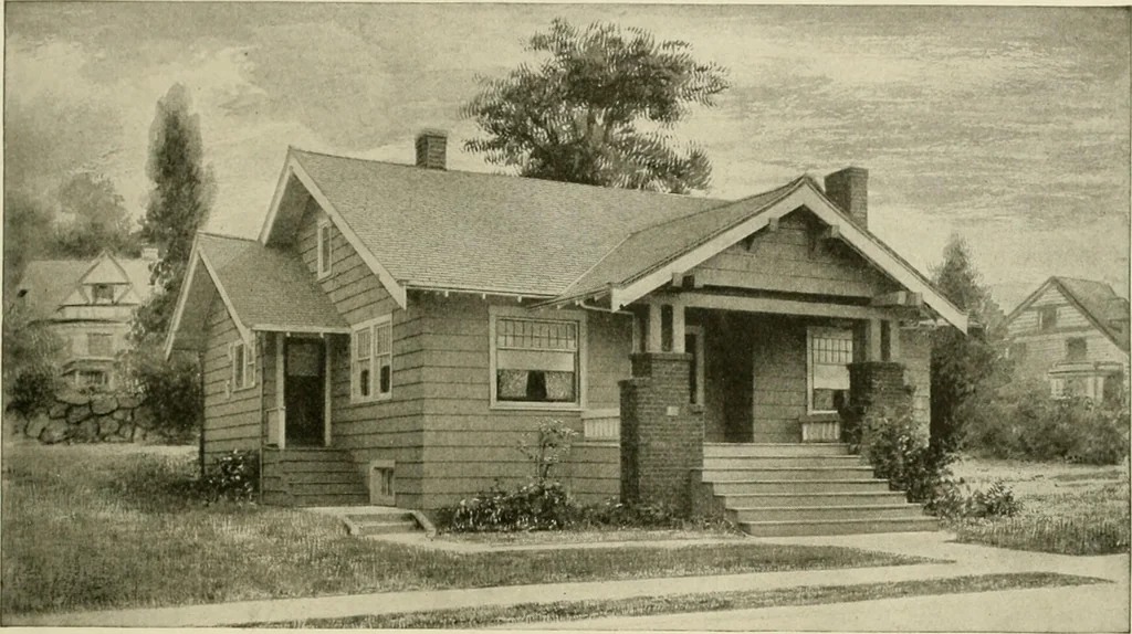 An illustration from Guaranteed building plans with interior views and details : a standard collection of new, original and artistic designs of cottages, bungalows, residences and flats of frame, brick, cement, plaster, concrete blocks, hollow tile, stucco, etc. and farm buildings of all descriptions together with interior and exterior details and interior views arranged and described by William A. Radford., 1915, leaf 20