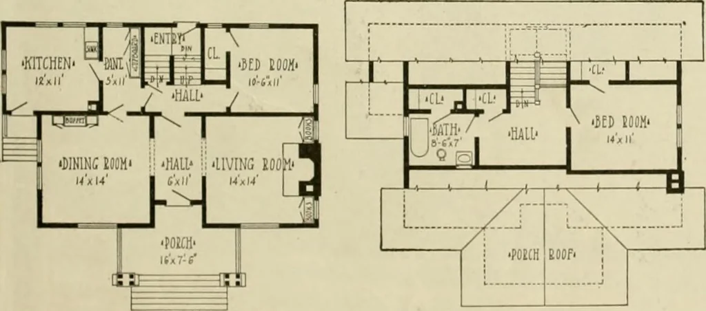 An illustration from Guaranteed building plans with interior views and details : a standard collection of new, original and artistic designs of cottages, bungalows, residences and flats of frame, brick, cement, plaster, concrete blocks, hollow tile, stucco, etc. and farm buildings of all descriptions together with interior and exterior details and interior views arranged and described by William A. Radford., 1915, leaf 20