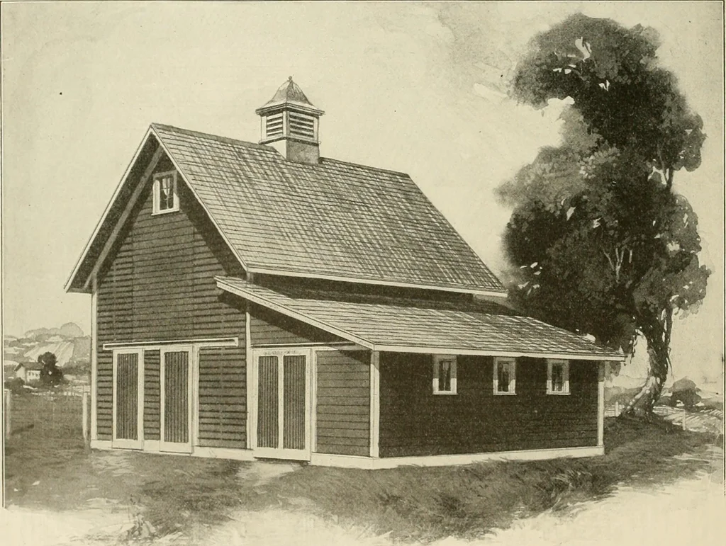 An illustration from Guaranteed building plans with interior views and details : a standard collection of new, original and artistic designs of cottages, bungalows, residences and flats of frame, brick, cement, plaster, concrete blocks, hollow tile, stucco, etc. and farm buildings of all descriptions together with interior and exterior details and interior views arranged and described by William A. Radford., 1915, leaf 201