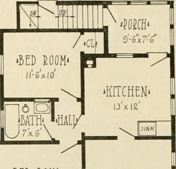 An illustration from Guaranteed building plans with interior views and details : a standard collection of new, original and artistic designs of cottages, bungalows, residences and flats of frame, brick, cement, plaster, concrete blocks, hollow tile, stucco, etc. and farm buildings of all descriptions together with interior and exterior details and interior views arranged and described by William A. Radford., 1915, leaf 21