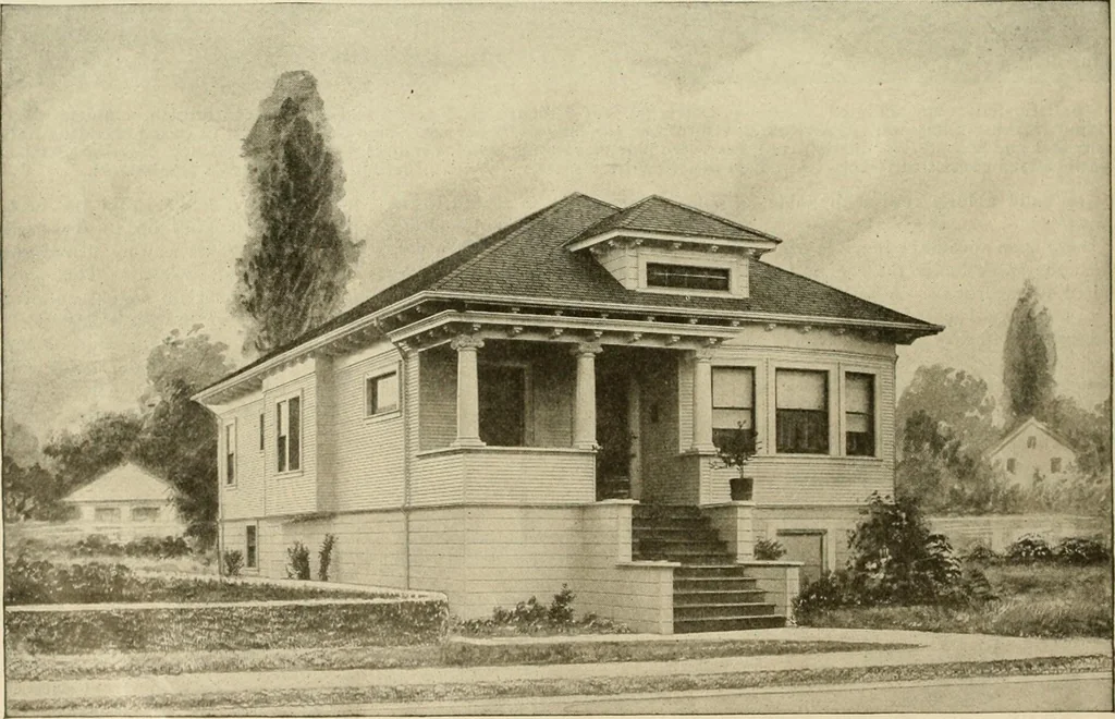 An illustration from Guaranteed building plans with interior views and details : a standard collection of new, original and artistic designs of cottages, bungalows, residences and flats of frame, brick, cement, plaster, concrete blocks, hollow tile, stucco, etc. and farm buildings of all descriptions together with interior and exterior details and interior views arranged and described by William A. Radford., 1915, leaf 21