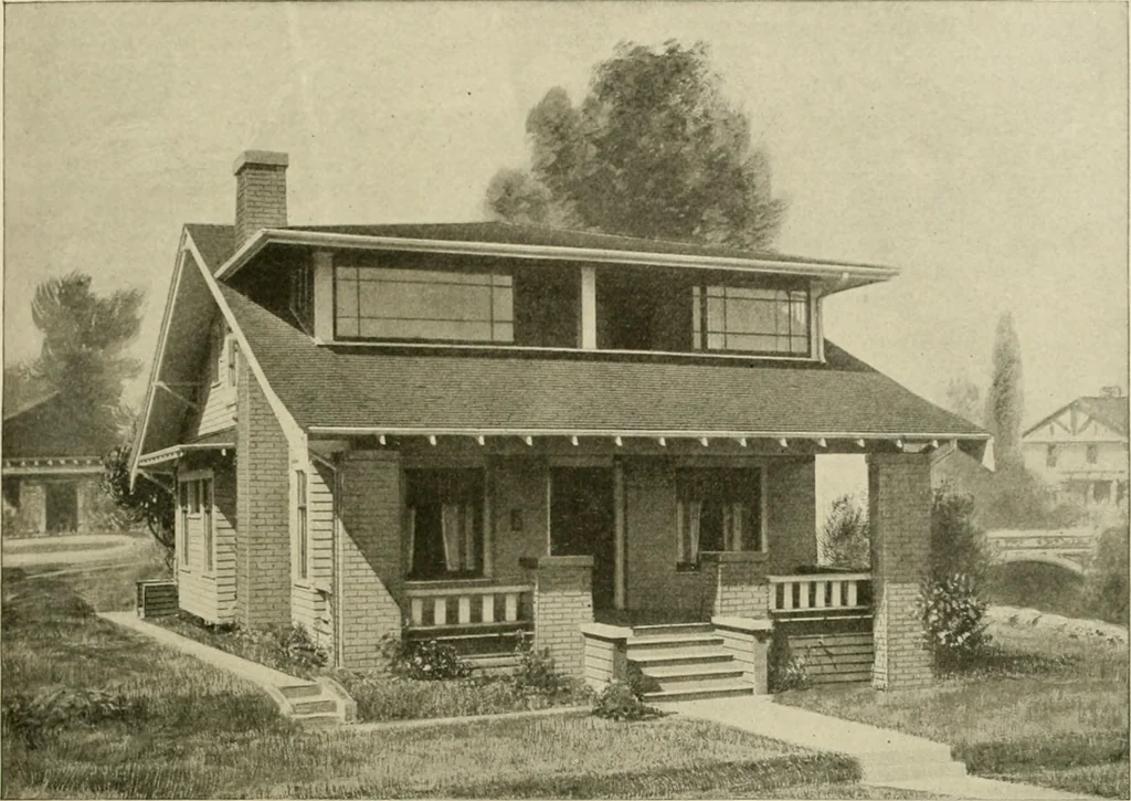 An illustration from Guaranteed building plans with interior views and details : a standard collection of new, original and artistic designs of cottages, bungalows, residences and flats of frame, brick, cement, plaster, concrete blocks, hollow tile, stucco, etc. and farm buildings of all descriptions together with interior and exterior details and interior views arranged and described by William A. Radford., 1915, leaf 22