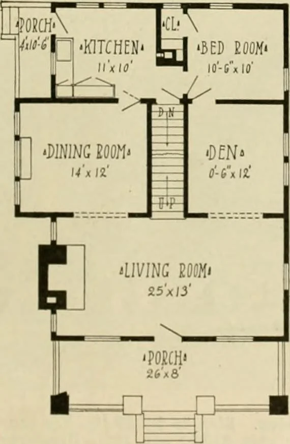 An illustration from Guaranteed building plans with interior views and details : a standard collection of new, original and artistic designs of cottages, bungalows, residences and flats of frame, brick, cement, plaster, concrete blocks, hollow tile, stucco, etc. and farm buildings of all descriptions together with interior and exterior details and interior views arranged and described by William A. Radford., 1915, leaf 22