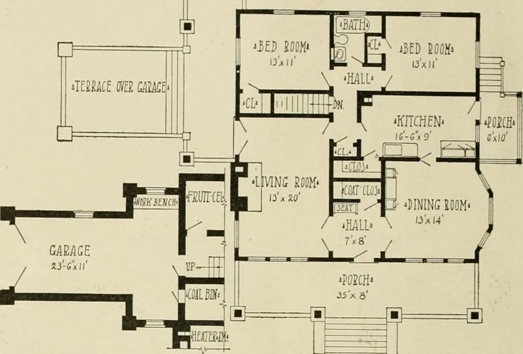 An illustration from Guaranteed building plans with interior views and details : a standard collection of new, original and artistic designs of cottages, bungalows, residences and flats of frame, brick, cement, plaster, concrete blocks, hollow tile, stucco, etc. and farm buildings of all descriptions together with interior and exterior details and interior views arranged and described by William A. Radford., 1915, leaf 23