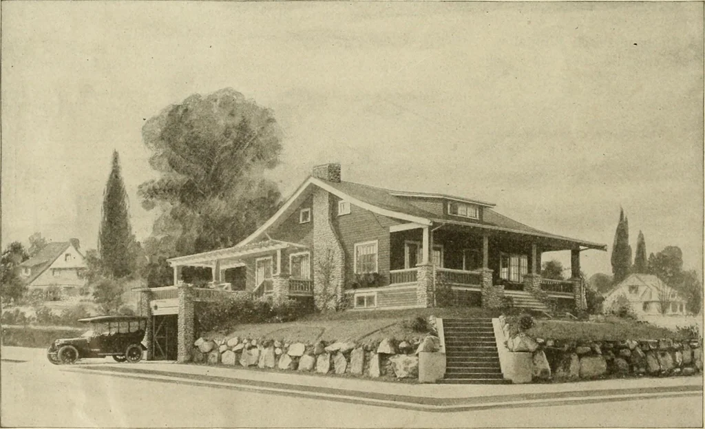 An illustration from Guaranteed building plans with interior views and details : a standard collection of new, original and artistic designs of cottages, bungalows, residences and flats of frame, brick, cement, plaster, concrete blocks, hollow tile, stucco, etc. and farm buildings of all descriptions together with interior and exterior details and interior views arranged and described by William A. Radford., 1915, leaf 23