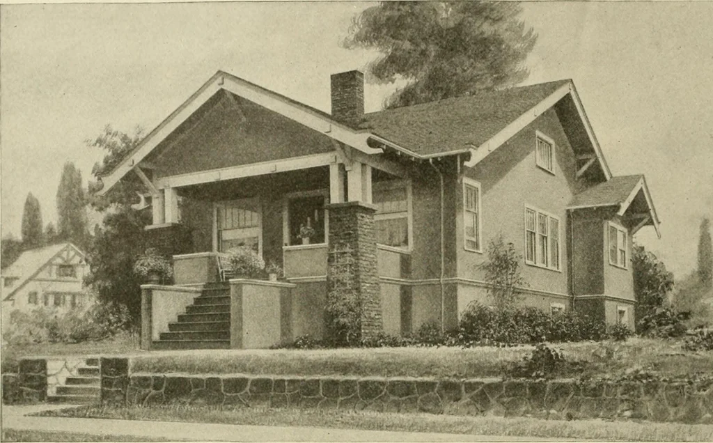 An illustration from Guaranteed building plans with interior views and details : a standard collection of new, original and artistic designs of cottages, bungalows, residences and flats of frame, brick, cement, plaster, concrete blocks, hollow tile, stucco, etc. and farm buildings of all descriptions together with interior and exterior details and interior views arranged and described by William A. Radford., 1915, leaf 25