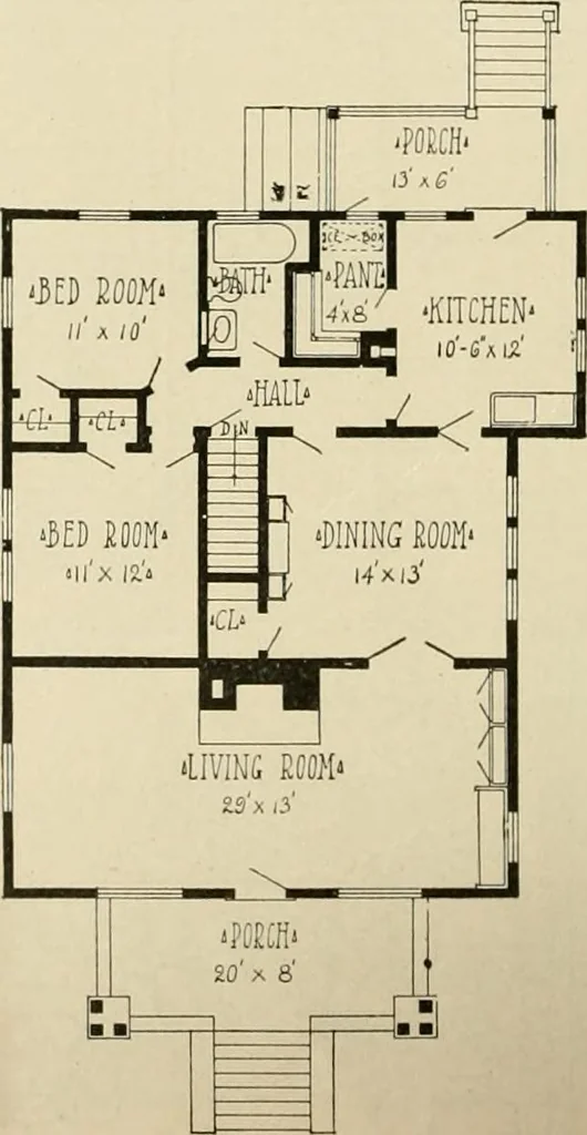 An illustration from Guaranteed building plans with interior views and details : a standard collection of new, original and artistic designs of cottages, bungalows, residences and flats of frame, brick, cement, plaster, concrete blocks, hollow tile, stucco, etc. and farm buildings of all descriptions together with interior and exterior details and interior views arranged and described by William A. Radford., 1915, leaf 25