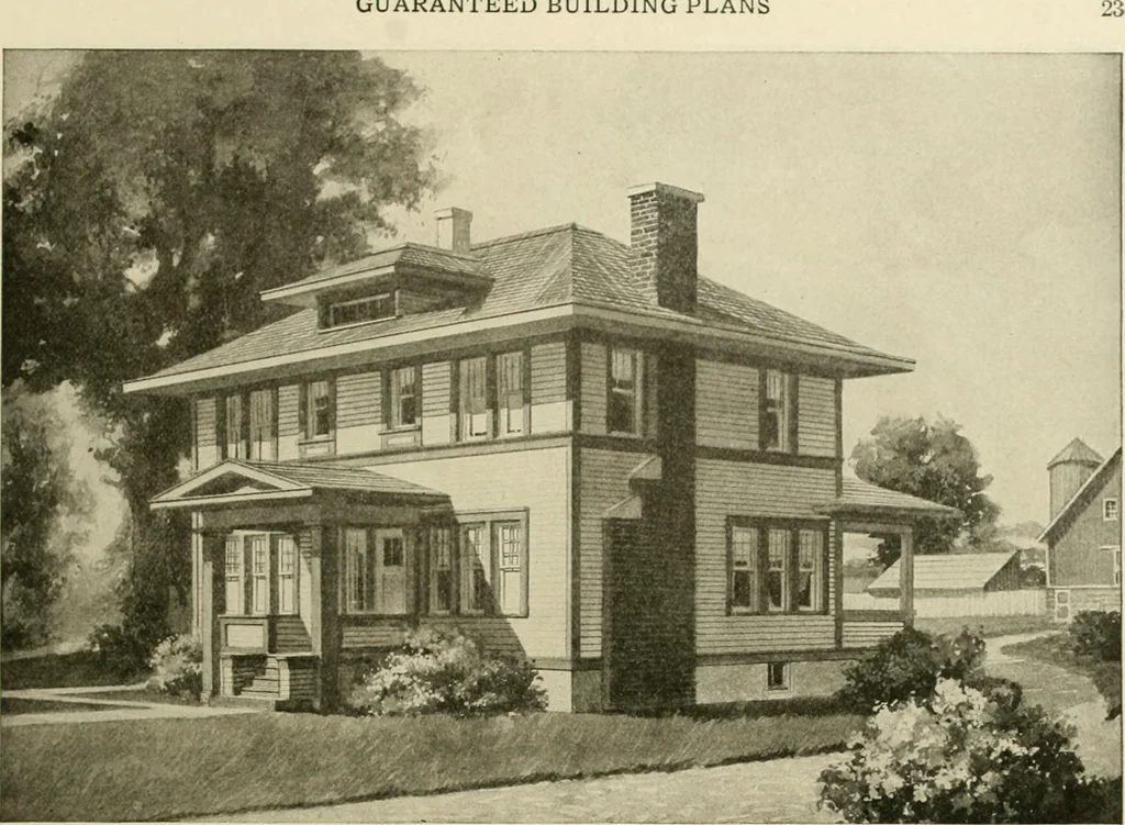 An illustration from Guaranteed building plans with interior views and details : a standard collection of new, original and artistic designs of cottages, bungalows, residences and flats of frame, brick, cement, plaster, concrete blocks, hollow tile, stucco, etc. and farm buildings of all descriptions together with interior and exterior details and interior views arranged and described by William A. Radford., 1915, leaf 26