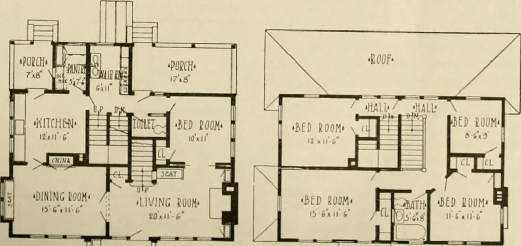 An illustration from Guaranteed building plans with interior views and details : a standard collection of new, original and artistic designs of cottages, bungalows, residences and flats of frame, brick, cement, plaster, concrete blocks, hollow tile, stucco, etc. and farm buildings of all descriptions together with interior and exterior details and interior views arranged and described by William A. Radford., 1915, leaf 26