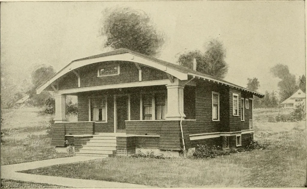 An illustration from Guaranteed building plans with interior views and details : a standard collection of new, original and artistic designs of cottages, bungalows, residences and flats of frame, brick, cement, plaster, concrete blocks, hollow tile, stucco, etc. and farm buildings of all descriptions together with interior and exterior details and interior views arranged and described by William A. Radford., 1915, leaf 27