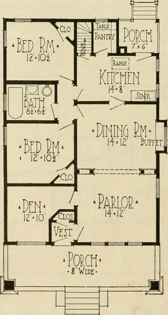 An illustration from Guaranteed building plans with interior views and details : a standard collection of new, original and artistic designs of cottages, bungalows, residences and flats of frame, brick, cement, plaster, concrete blocks, hollow tile, stucco, etc. and farm buildings of all descriptions together with interior and exterior details and interior views arranged and described by William A. Radford., 1915, leaf 27