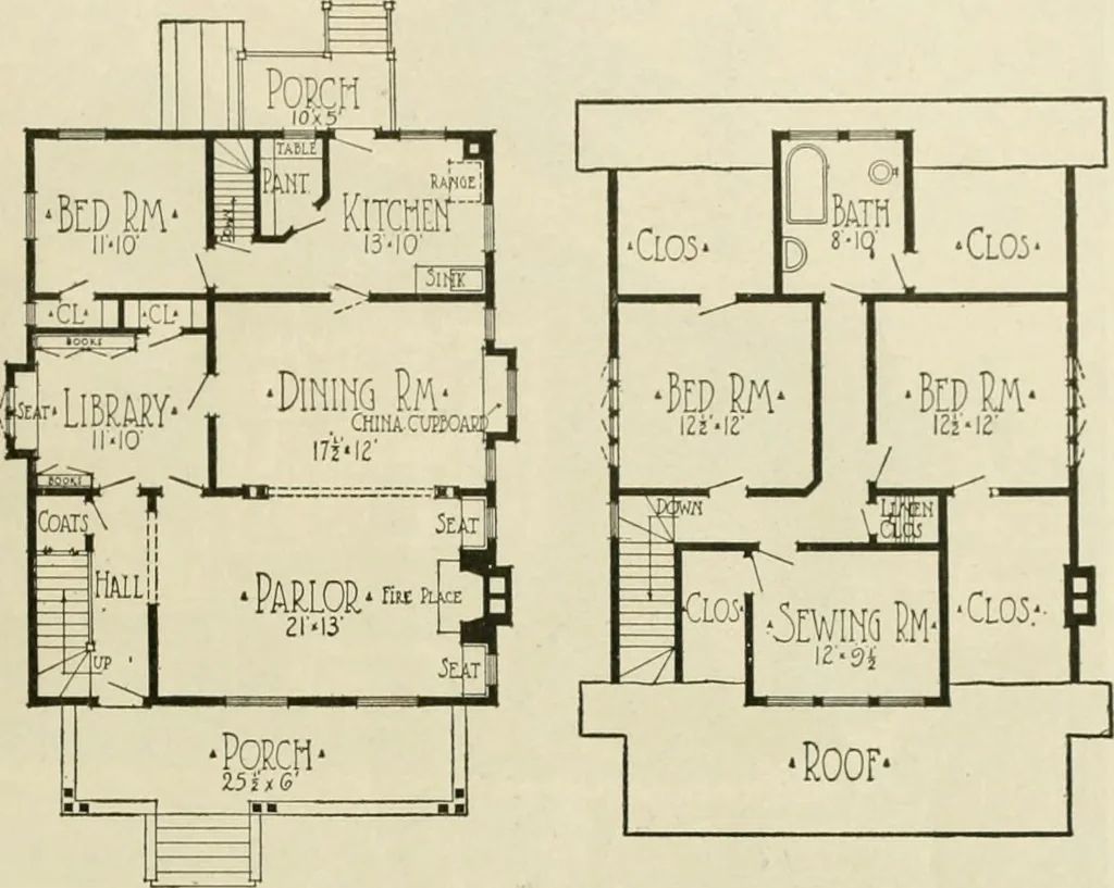 An illustration from Guaranteed building plans with interior views and details : a standard collection of new, original and artistic designs of cottages, bungalows, residences and flats of frame, brick, cement, plaster, concrete blocks, hollow tile, stucco, etc. and farm buildings of all descriptions together with interior and exterior details and interior views arranged and described by William A. Radford., 1915, leaf 28