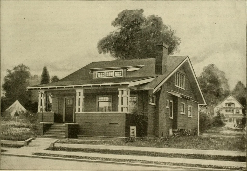 An illustration from Guaranteed building plans with interior views and details : a standard collection of new, original and artistic designs of cottages, bungalows, residences and flats of frame, brick, cement, plaster, concrete blocks, hollow tile, stucco, etc. and farm buildings of all descriptions together with interior and exterior details and interior views arranged and described by William A. Radford., 1915, leaf 28