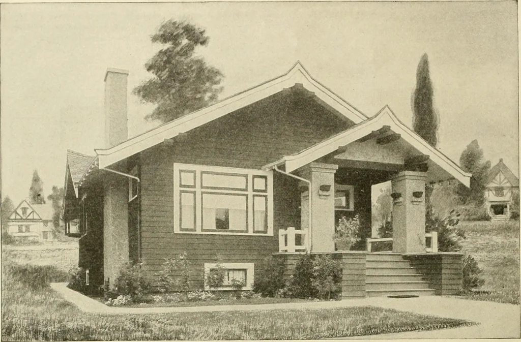 An illustration from Guaranteed building plans with interior views and details : a standard collection of new, original and artistic designs of cottages, bungalows, residences and flats of frame, brick, cement, plaster, concrete blocks, hollow tile, stucco, etc. and farm buildings of all descriptions together with interior and exterior details and interior views arranged and described by William A. Radford., 1915, leaf 29