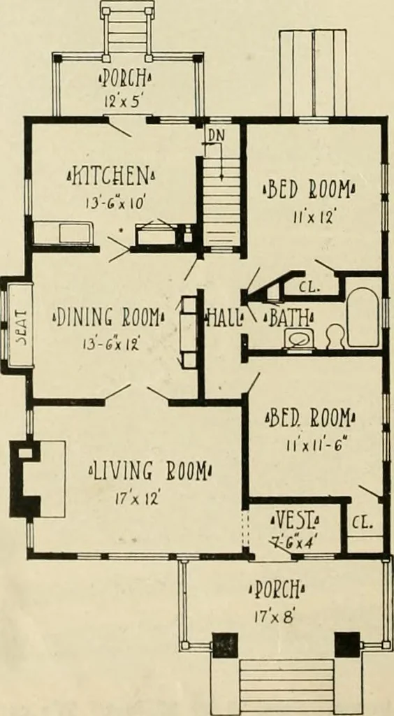 An illustration from Guaranteed building plans with interior views and details : a standard collection of new, original and artistic designs of cottages, bungalows, residences and flats of frame, brick, cement, plaster, concrete blocks, hollow tile, stucco, etc. and farm buildings of all descriptions together with interior and exterior details and interior views arranged and described by William A. Radford., 1915, leaf 29