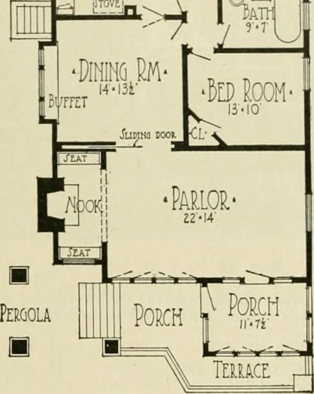 An illustration from Guaranteed building plans with interior views and details : a standard collection of new, original and artistic designs of cottages, bungalows, residences and flats of frame, brick, cement, plaster, concrete blocks, hollow tile, stucco, etc. and farm buildings of all descriptions together with interior and exterior details and interior views arranged and described by William A. Radford., 1915, leaf 30