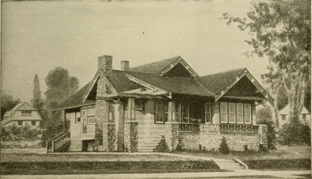 An illustration from Guaranteed building plans with interior views and details : a standard collection of new, original and artistic designs of cottages, bungalows, residences and flats of frame, brick, cement, plaster, concrete blocks, hollow tile, stucco, etc. and farm buildings of all descriptions together with interior and exterior details and interior views arranged and described by William A. Radford., 1915, leaf 30