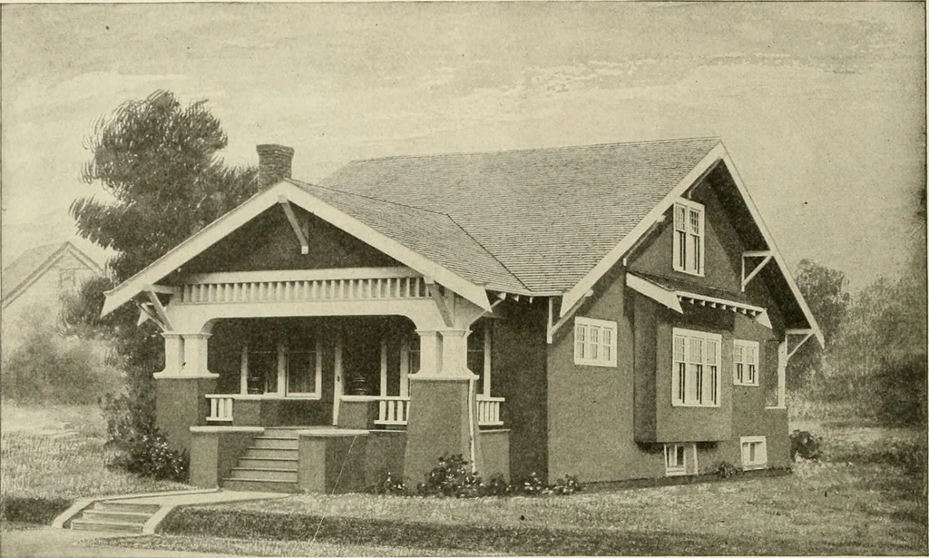 An illustration from Guaranteed building plans with interior views and details : a standard collection of new, original and artistic designs of cottages, bungalows, residences and flats of frame, brick, cement, plaster, concrete blocks, hollow tile, stucco, etc. and farm buildings of all descriptions together with interior and exterior details and interior views arranged and described by William A. Radford., 1915, leaf 31