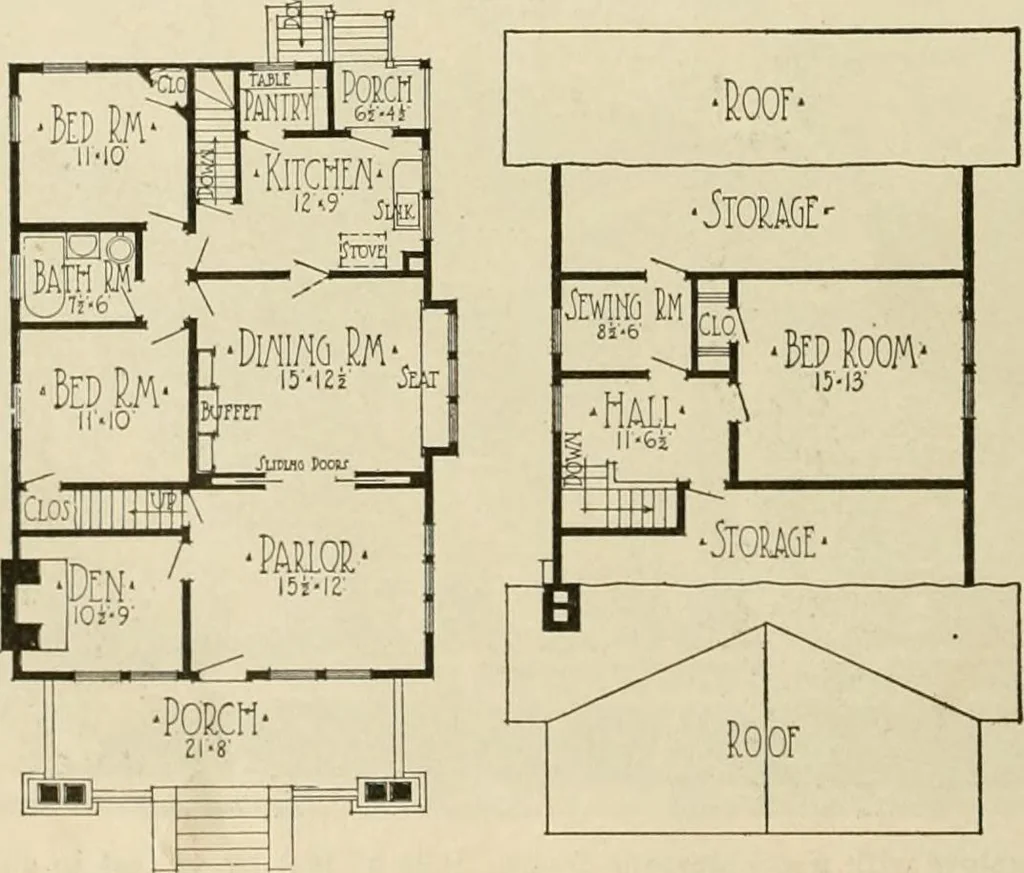 An illustration from Guaranteed building plans with interior views and details : a standard collection of new, original and artistic designs of cottages, bungalows, residences and flats of frame, brick, cement, plaster, concrete blocks, hollow tile, stucco, etc. and farm buildings of all descriptions together with interior and exterior details and interior views arranged and described by William A. Radford., 1915, leaf 31