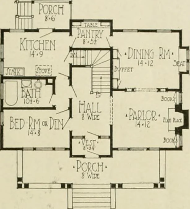 An illustration from Guaranteed building plans with interior views and details : a standard collection of new, original and artistic designs of cottages, bungalows, residences and flats of frame, brick, cement, plaster, concrete blocks, hollow tile, stucco, etc. and farm buildings of all descriptions together with interior and exterior details and interior views arranged and described by William A. Radford., 1915, leaf 32