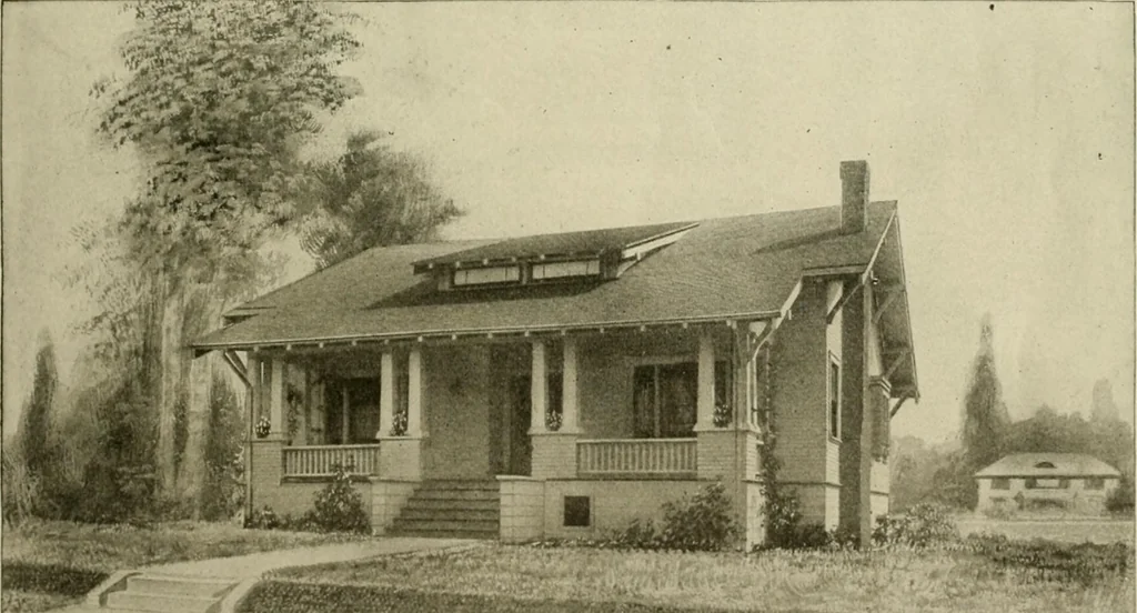 An illustration from Guaranteed building plans with interior views and details : a standard collection of new, original and artistic designs of cottages, bungalows, residences and flats of frame, brick, cement, plaster, concrete blocks, hollow tile, stucco, etc. and farm buildings of all descriptions together with interior and exterior details and interior views arranged and described by William A. Radford., 1915, leaf 32