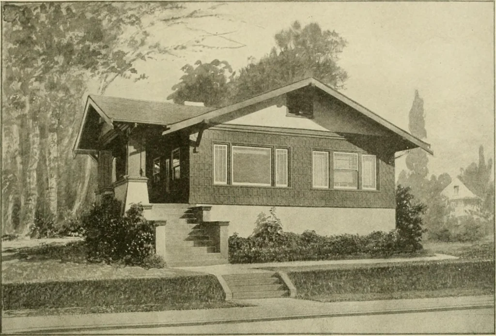 An illustration from Guaranteed building plans with interior views and details : a standard collection of new, original and artistic designs of cottages, bungalows, residences and flats of frame, brick, cement, plaster, concrete blocks, hollow tile, stucco, etc. and farm buildings of all descriptions together with interior and exterior details and interior views arranged and described by William A. Radford., 1915, leaf 34