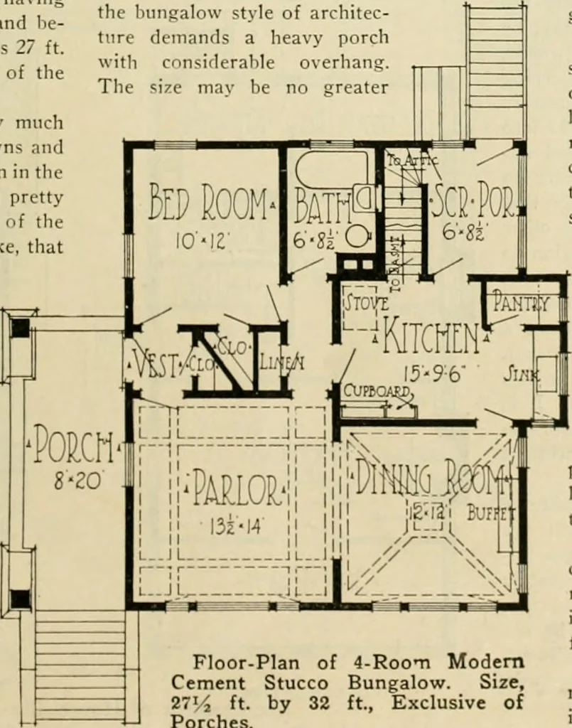 An illustration from Guaranteed building plans with interior views and details : a standard collection of new, original and artistic designs of cottages, bungalows, residences and flats of frame, brick, cement, plaster, concrete blocks, hollow tile, stucco, etc. and farm buildings of all descriptions together with interior and exterior details and interior views arranged and described by William A. Radford., 1915, leaf 34