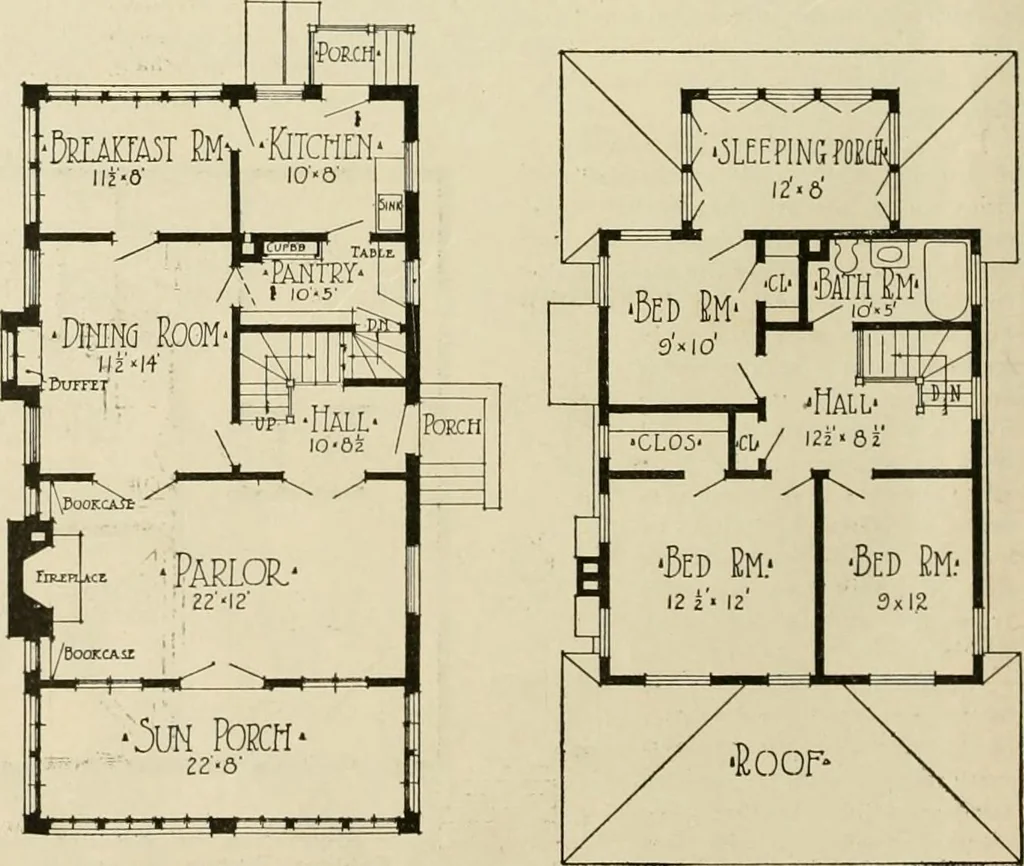 An illustration from Guaranteed building plans with interior views and details : a standard collection of new, original and artistic designs of cottages, bungalows, residences and flats of frame, brick, cement, plaster, concrete blocks, hollow tile, stucco, etc. and farm buildings of all descriptions together with interior and exterior details and interior views arranged and described by William A. Radford., 1915, leaf 35