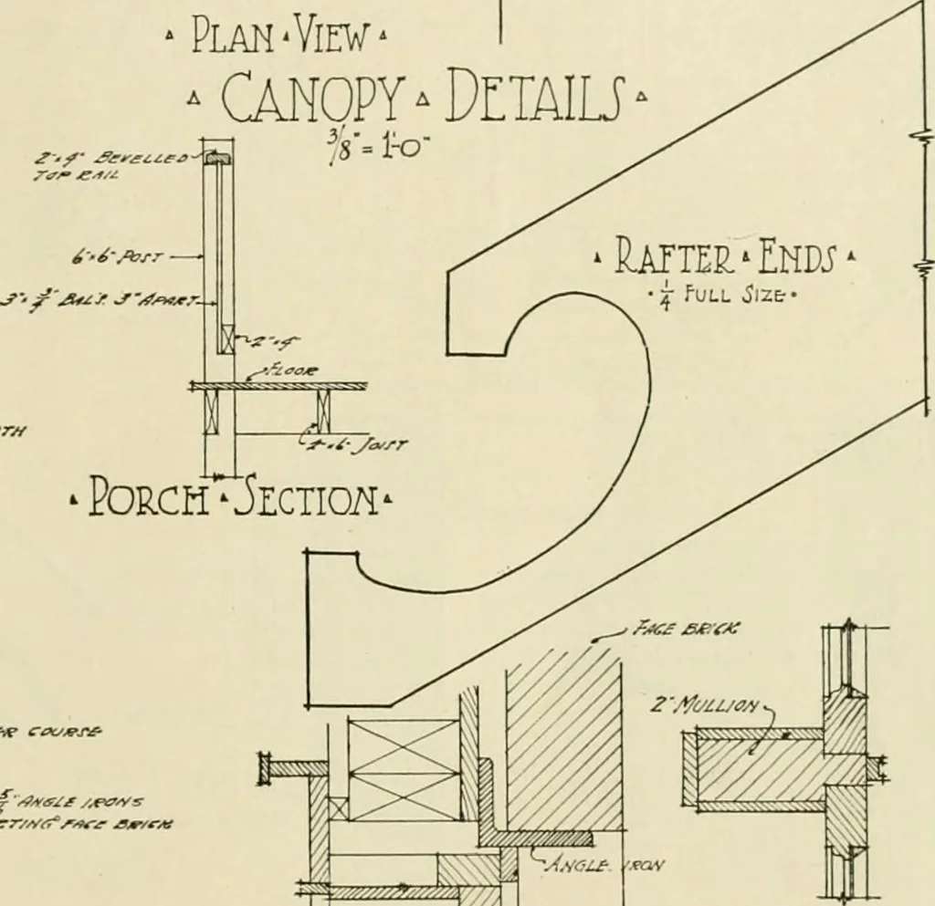 An illustration from Guaranteed building plans with interior views and details : a standard collection of new, original and artistic designs of cottages, bungalows, residences and flats of frame, brick, cement, plaster, concrete blocks, hollow tile, stucco, etc. and farm buildings of all descriptions together with interior and exterior details and interior views arranged and described by William A. Radford., 1915, leaf 36