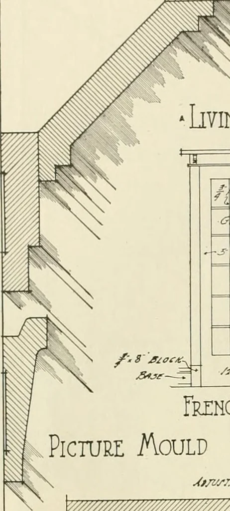 An illustration from Guaranteed building plans with interior views and details : a standard collection of new, original and artistic designs of cottages, bungalows, residences and flats of frame, brick, cement, plaster, concrete blocks, hollow tile, stucco, etc. and farm buildings of all descriptions together with interior and exterior details and interior views arranged and described by William A. Radford., 1915, leaf 37