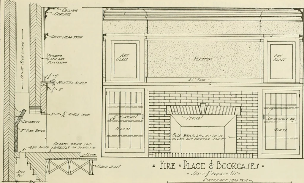 An illustration from Guaranteed building plans with interior views and details : a standard collection of new, original and artistic designs of cottages, bungalows, residences and flats of frame, brick, cement, plaster, concrete blocks, hollow tile, stucco, etc. and farm buildings of all descriptions together with interior and exterior details and interior views arranged and described by William A. Radford., 1915, leaf 38