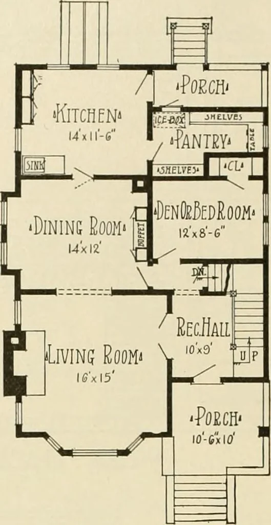 An illustration from Guaranteed building plans with interior views and details : a standard collection of new, original and artistic designs of cottages, bungalows, residences and flats of frame, brick, cement, plaster, concrete blocks, hollow tile, stucco, etc. and farm buildings of all descriptions together with interior and exterior details and interior views arranged and described by William A. Radford., 1915, leaf 39