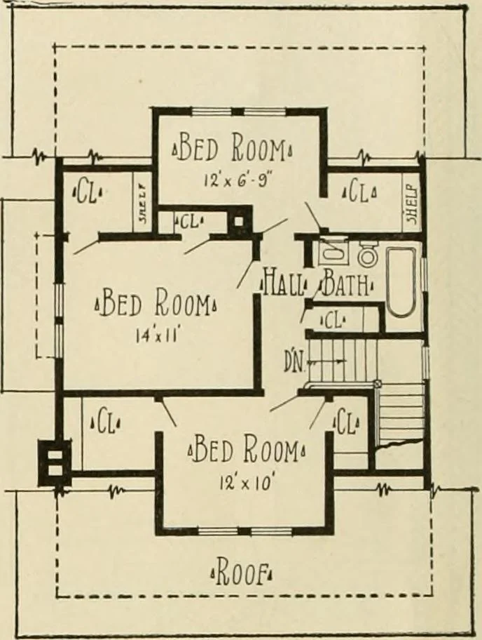An illustration from Guaranteed building plans with interior views and details : a standard collection of new, original and artistic designs of cottages, bungalows, residences and flats of frame, brick, cement, plaster, concrete blocks, hollow tile, stucco, etc. and farm buildings of all descriptions together with interior and exterior details and interior views arranged and described by William A. Radford., 1915, leaf 39