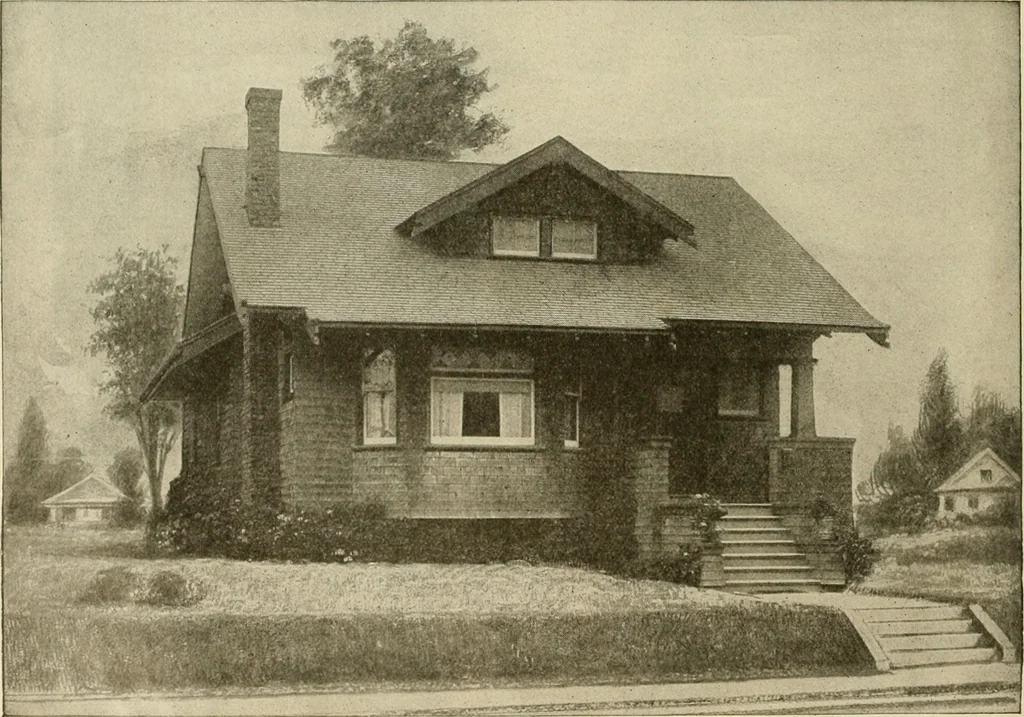 An illustration from Guaranteed building plans with interior views and details : a standard collection of new, original and artistic designs of cottages, bungalows, residences and flats of frame, brick, cement, plaster, concrete blocks, hollow tile, stucco, etc. and farm buildings of all descriptions together with interior and exterior details and interior views arranged and described by William A. Radford., 1915, leaf 39