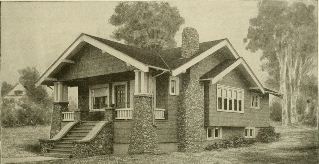 An illustration from Guaranteed building plans with interior views and details : a standard collection of new, original and artistic designs of cottages, bungalows, residences and flats of frame, brick, cement, plaster, concrete blocks, hollow tile, stucco, etc. and farm buildings of all descriptions together with interior and exterior details and interior views arranged and described by William A. Radford., 1915, leaf 40