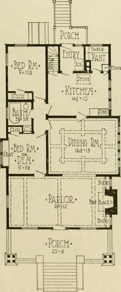 An illustration from Guaranteed building plans with interior views and details : a standard collection of new, original and artistic designs of cottages, bungalows, residences and flats of frame, brick, cement, plaster, concrete blocks, hollow tile, stucco, etc. and farm buildings of all descriptions together with interior and exterior details and interior views arranged and described by William A. Radford., 1915, leaf 40