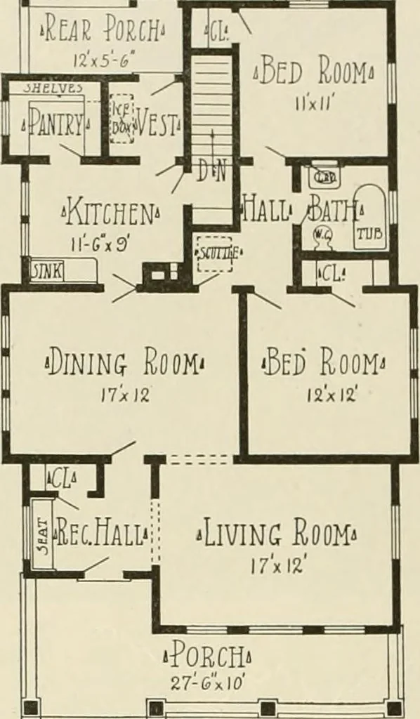 An illustration from Guaranteed building plans with interior views and details : a standard collection of new, original and artistic designs of cottages, bungalows, residences and flats of frame, brick, cement, plaster, concrete blocks, hollow tile, stucco, etc. and farm buildings of all descriptions together with interior and exterior details and interior views arranged and described by William A. Radford., 1915, leaf 41