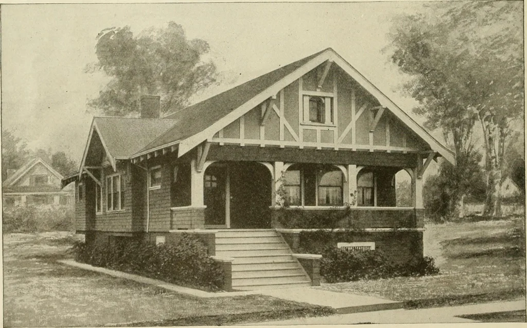 An illustration from Guaranteed building plans with interior views and details : a standard collection of new, original and artistic designs of cottages, bungalows, residences and flats of frame, brick, cement, plaster, concrete blocks, hollow tile, stucco, etc. and farm buildings of all descriptions together with interior and exterior details and interior views arranged and described by William A. Radford., 1915, leaf 41