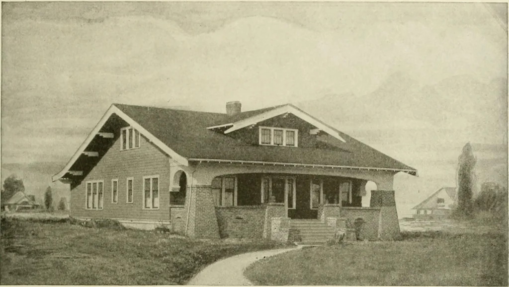 An illustration from Guaranteed building plans with interior views and details : a standard collection of new, original and artistic designs of cottages, bungalows, residences and flats of frame, brick, cement, plaster, concrete blocks, hollow tile, stucco, etc. and farm buildings of all descriptions together with interior and exterior details and interior views arranged and described by William A. Radford., 1915, leaf 42