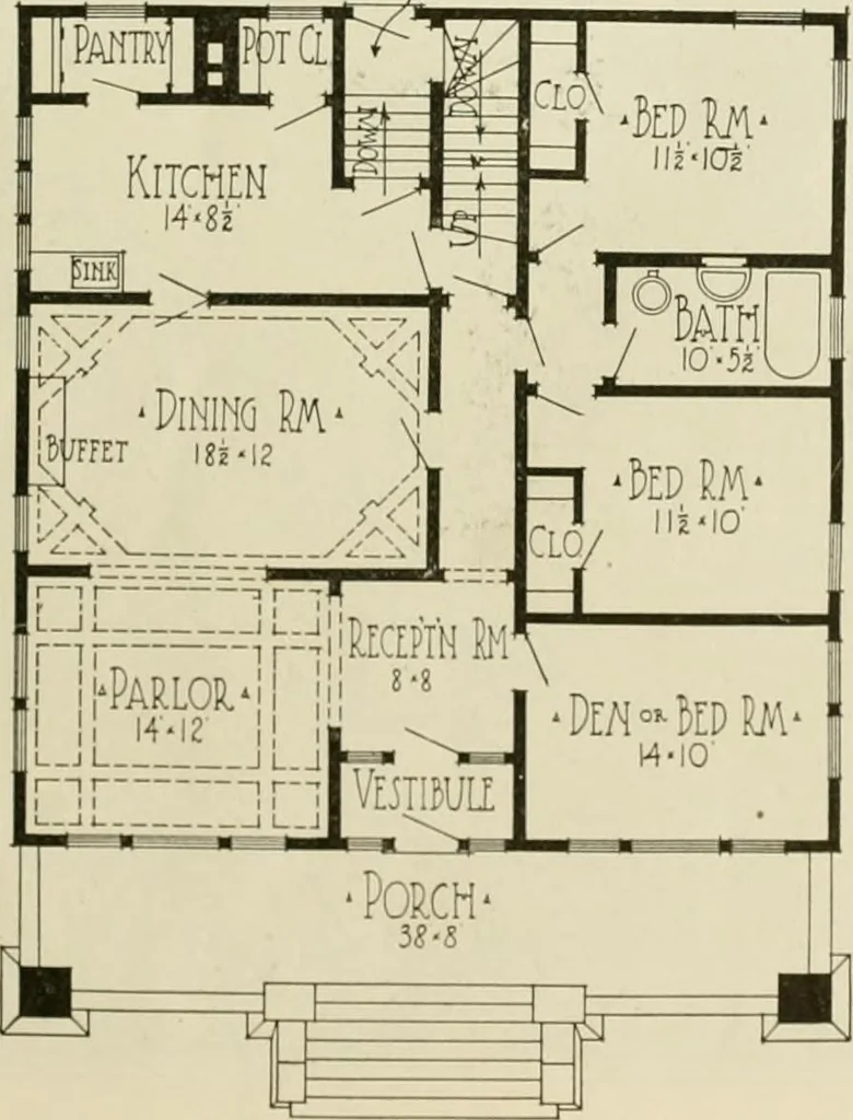 An illustration from Guaranteed building plans with interior views and details : a standard collection of new, original and artistic designs of cottages, bungalows, residences and flats of frame, brick, cement, plaster, concrete blocks, hollow tile, stucco, etc. and farm buildings of all descriptions together with interior and exterior details and interior views arranged and described by William A. Radford., 1915, leaf 42