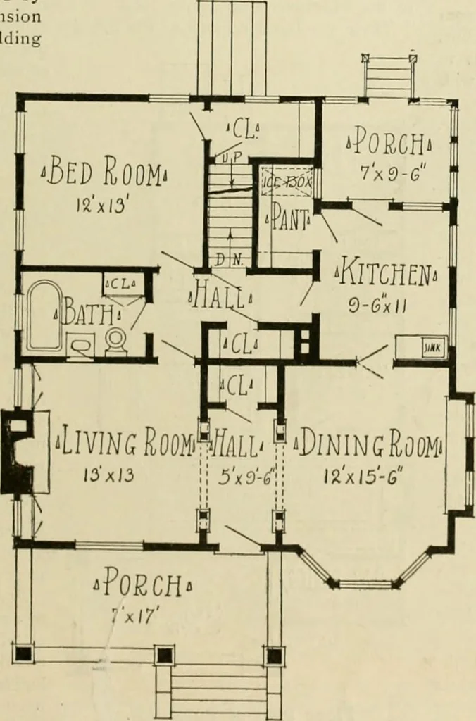 An illustration from Guaranteed building plans with interior views and details : a standard collection of new, original and artistic designs of cottages, bungalows, residences and flats of frame, brick, cement, plaster, concrete blocks, hollow tile, stucco, etc. and farm buildings of all descriptions together with interior and exterior details and interior views arranged and described by William A. Radford., 1915, leaf 44