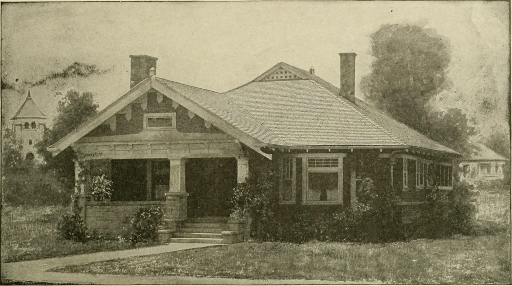 An illustration from Guaranteed building plans with interior views and details : a standard collection of new, original and artistic designs of cottages, bungalows, residences and flats of frame, brick, cement, plaster, concrete blocks, hollow tile, stucco, etc. and farm buildings of all descriptions together with interior and exterior details and interior views arranged and described by William A. Radford., 1915, leaf 44